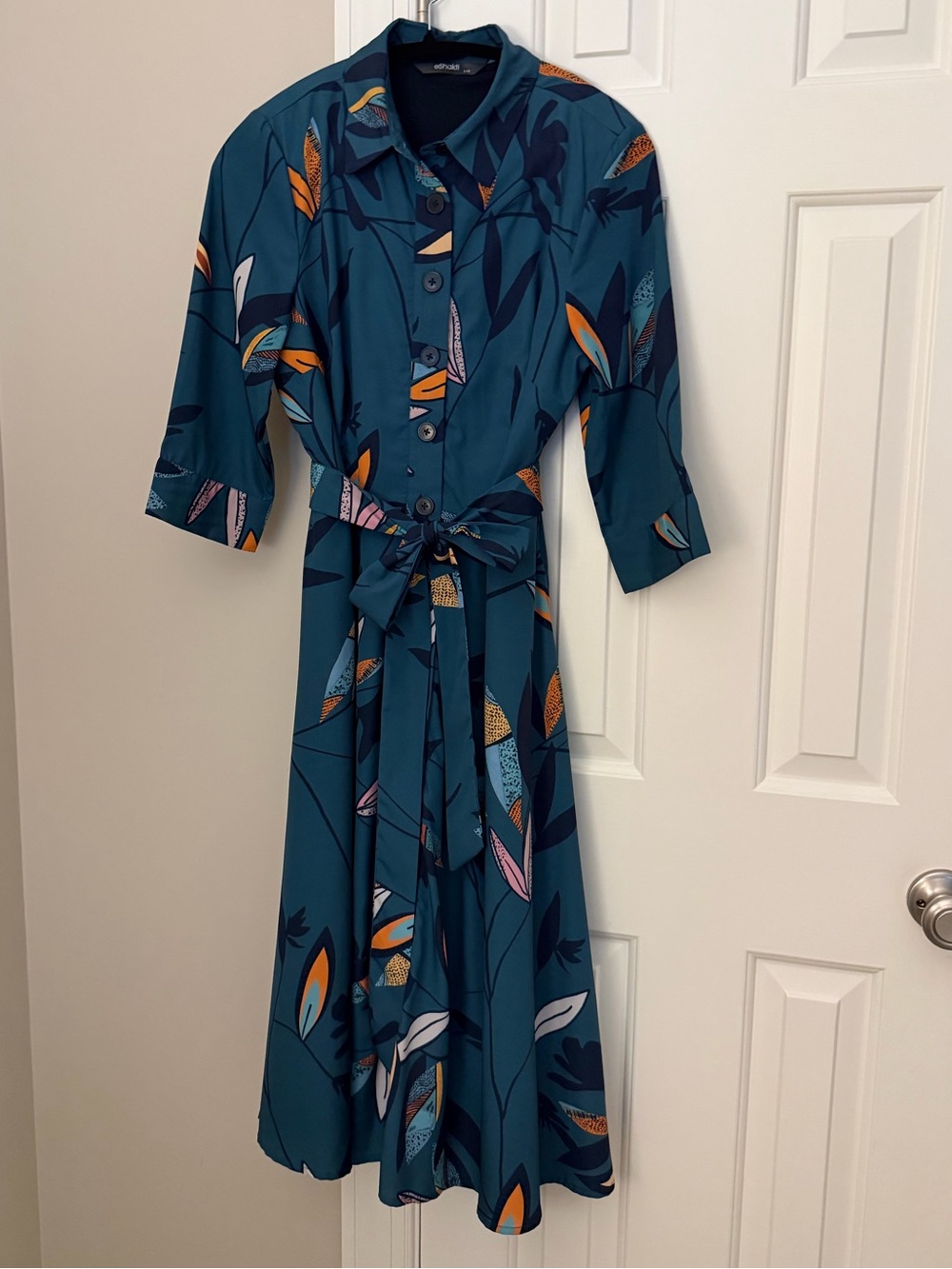 eshakti Teal Floral Print Midi Shirt Dress with Tie Waist - Picture 2 of 6
